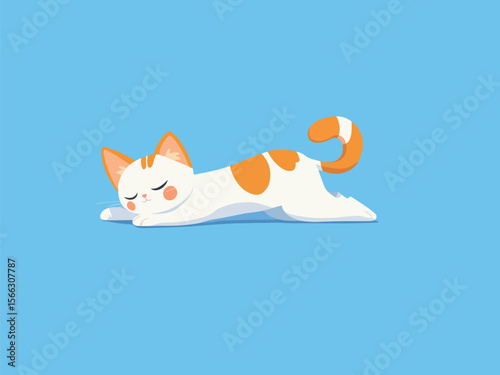 Cute Cartoon Cat Sleeping Peacefully on a Blue Background Adorable and Minimalist