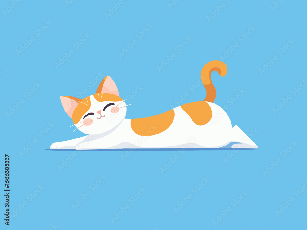 Obraz premium Cute Cartoon Cat Stretching and Smiling on a Light Blue Background Illustration