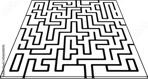 Black and White Perspective Maze Illustration on White Background