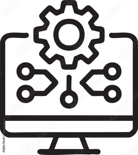 Computer Monitor With Gear And Flowchart Icon Representing System Integration Automation Technology Configuration Development And Process

