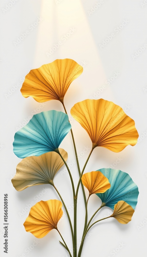 Obraz premium create a realistic illustration of five soft golden and teal ginkgo leaves with delicate veined details, set against a minimalistic white background