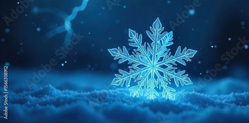 Intricate ice crystals illuminate the night sky, caught in the electric blue glow of a spectacular snowflake lightning storm A rare and beautiful winter phenomenon , night sky, winter, glowing