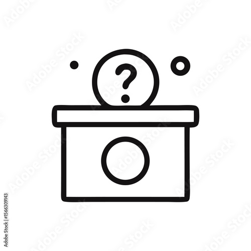 Simple line art illustration of a donation box with a question mark coin above it.
