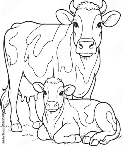 Mother Cow and Calf Line Art – Farm Animal Sketch for Coloring and Design
