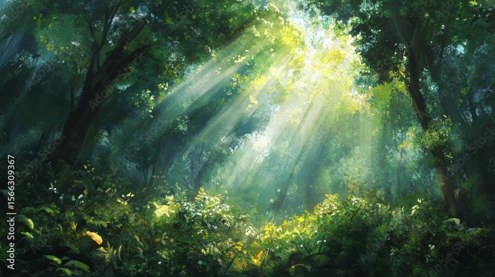 Fototapeta premium Green forest with sun rays