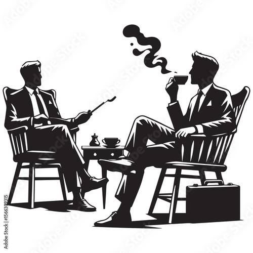 black and white vector of people sitting and drinking a cup of coffee