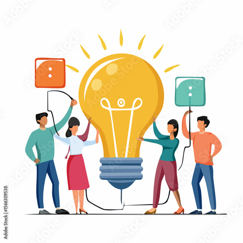 a group of diverse people successfully connecting a light bulb to an electrical outlet 