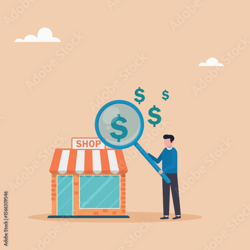 Business valuation, analysis of company value or market value, profit or earnings concept. The manager values ​​the company in dollar terms. Vector illustration.	