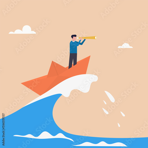 Character surfing the sea waves on a paper boat. Deal with crises with patience and foresight. Vector illustration.	