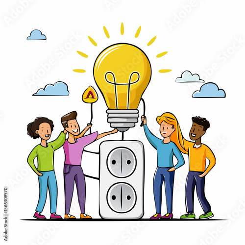 a group of diverse people successfully connecting a light bulb to an electrical outlet 