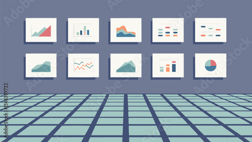 Presentation of various data charts and graphs displayed on a wall with a tiled floor view in perspective