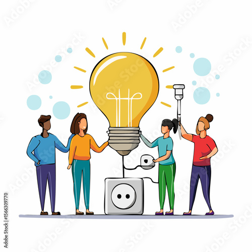 a group of diverse people successfully connecting a light bulb to an electrical outlet 