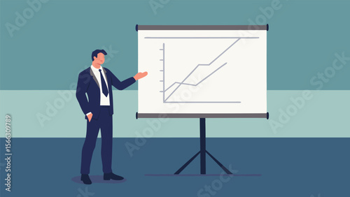 Illustration of a businessman in a suit presenting a graph on a presentation board display stand