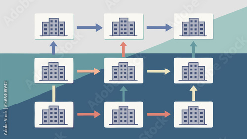 Network of buildings connected by arrows in a diagrammatic representation with a blue and white background