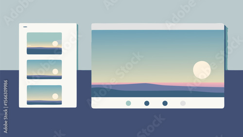 Interface showing a sunset landscape with a sun over mountains and a selection of thumbnail images