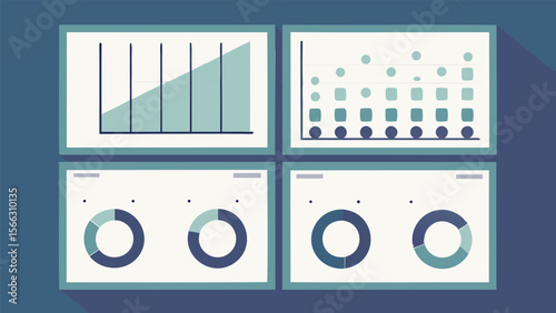 Illustration of dashboard interface with line chart, scatter plot and pie charts displayed clearly