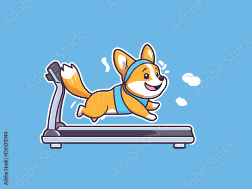 Cartoon Corgi Dog Running on Treadmill Healthy Lifestyle and Fitness Concept Illustration