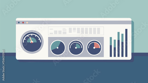Dashboard interface with speedometer gauges and bar graphs displaying data visualization elements