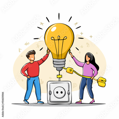 a group of diverse people successfully connecting a light bulb to an electrical outlet 