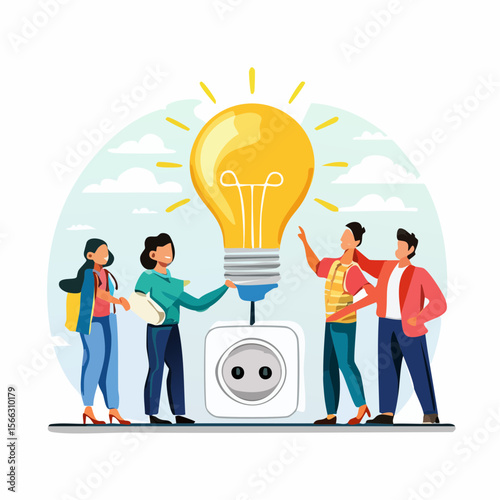 a group of diverse people successfully connecting a light bulb to an electrical outlet 