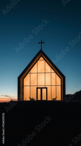 Modern Minimalist Chapel Glowing at Twilight, Serene Landscape