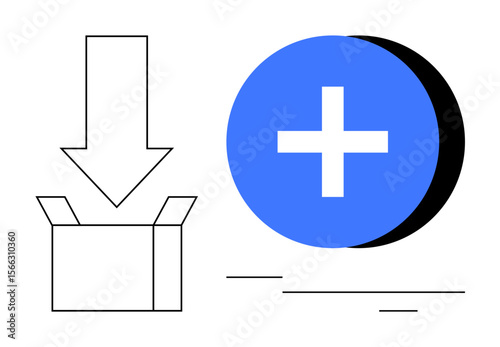 Open cardboard box with downward arrow symbolizing download, blue circle with plus sign for adding. Ideal for storage, resources, download, expansion, inclusion, software, simple flat metaphor