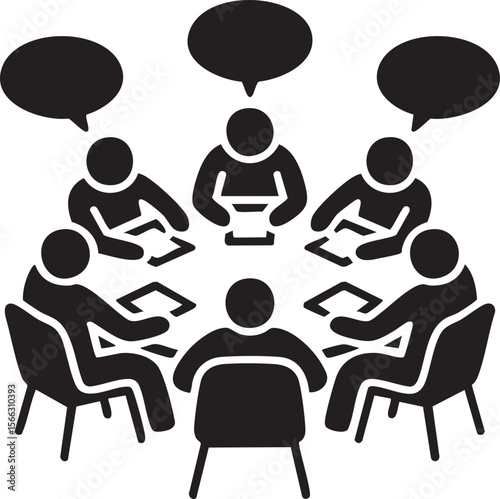 Group Of People Sitting Around Table Having Discussion Representing Meeting Collaboration Brainstorming Teamwork Strategy And Communication

