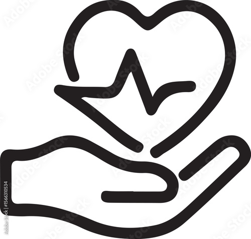 Minimalist Line Art Hand Holding Heart with Heartbeat Line Symbol of Health and Care