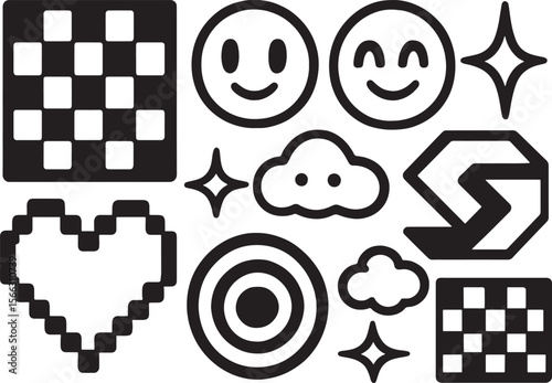 Y2K style vector elements set. Hand drawn collection of pixel, fluffy, eyes, hearts, clouds, organic shapes in black and white. Design for print, cartoon, cards, decoration, stickers.