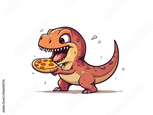 Cartoon Tyrannosaurus Rex about to eat a delicious pepperoni pizza slice