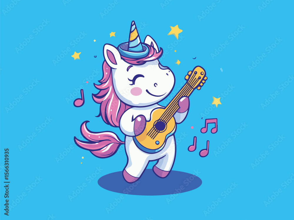 Naklejka premium Cartoon Unicorn Playing Guitar with Musical Notes and Stars on Blue Background
