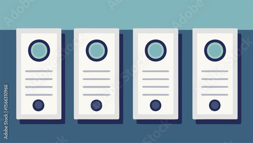 A row of four white file folders with circular labels and horizontal lines on a blue background