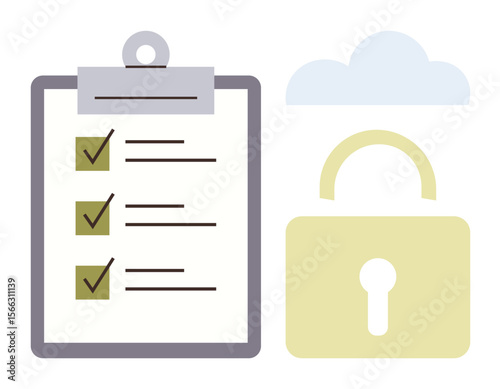 Checklist with green ticks on clipboard, yellow padlock, and cloud icon. Ideal for data protection, privacy, cybersecurity, cloud storage, system integrity compliance and productivity. Simple flat