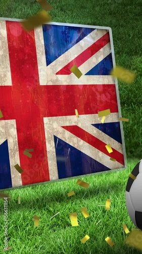 Animation of falling gold confetti over uk flag and football ball