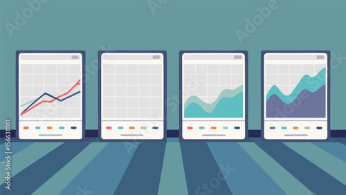 Four screens displaying different types of graphs and charts in a row on a striped surface