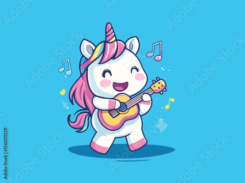 Cute Cartoon Unicorn Playing Guitar with Musical Notes on a Blue Background