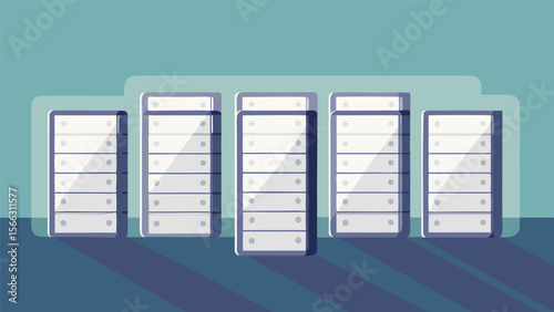 Illustration of five server racks arranged in a row with a teal and blue color scheme design