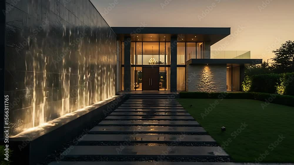 Modern architectural home with a stunning water feature and elegant landscaping at sunset