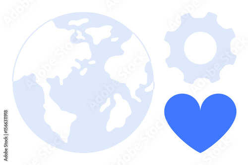 Globe representing the Earth, gear symbolizing innovation, and a blue heart signifying compassion. Ideal for sustainability, technology, teamwork, global unity, environmental care, compassion simple