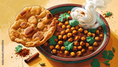 Indian chole bhature with chickpeas and fried bread.