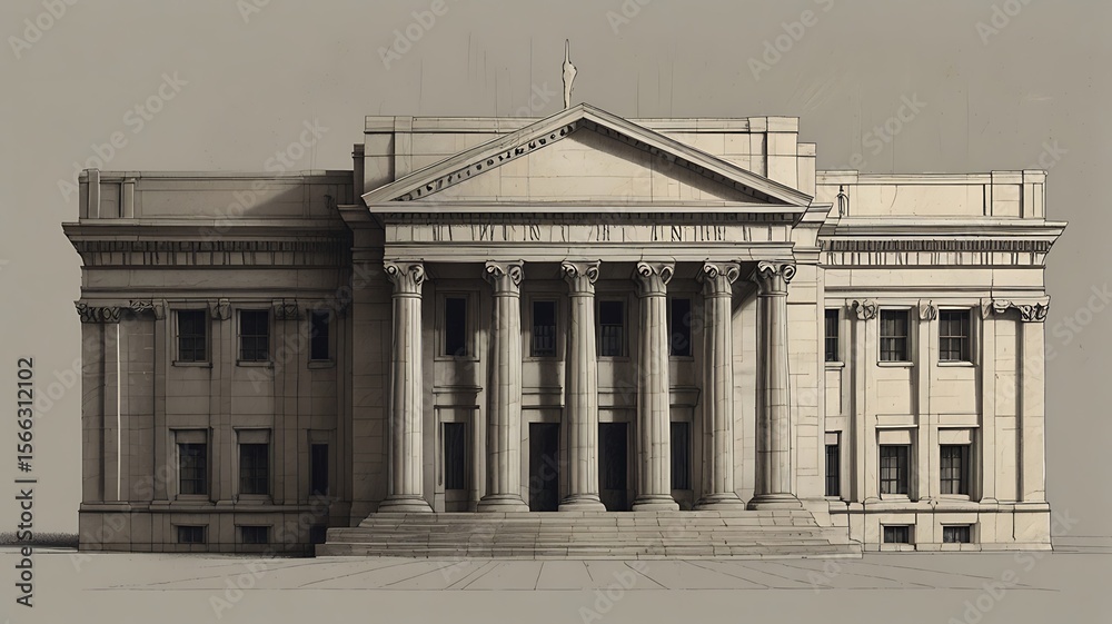 Abstract Line Art of a Classical Bank Building Abstract Line Art of a Classical Bank Building