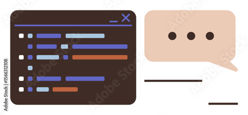 Code snippet in editor paired with communication bubble highlighting teamwork, problem-solving, coding efficiency. Ideal for development, software, collaboration, programming, teamwork, tech support