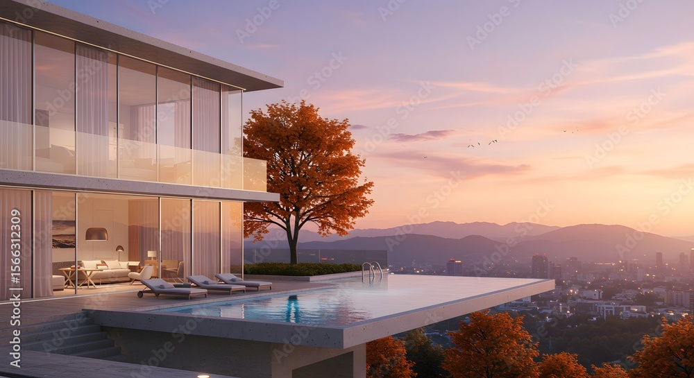 Fototapeta premium Modern Two-Story House with Infinity Pool Overlooking Cityscape at Sunset – Glass Architecture with Lounge Deck, Autumn Tree, and Panoramic View of Mountains and Urban Skyline