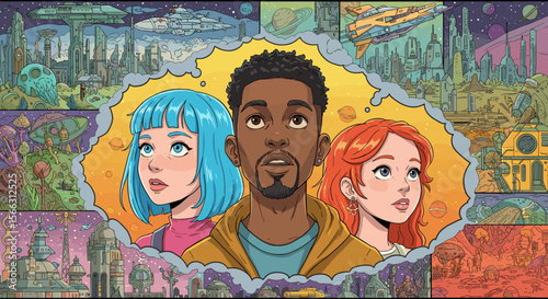 Futuristic Characters Exploring a Vibrant Sci-Fi World