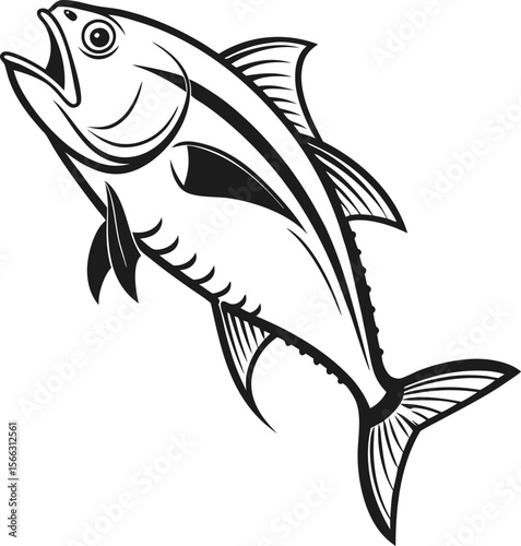 A bold, black and white illustration of a tuna fish leaping, showcasing its powerful physique and dynamic movement.