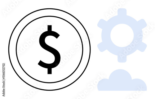 Black dollar coin outlined in white alongside a light blue gear and cloud. Ideal for finance, investment, digital economy, cloud computing, innovation, business strategy, and fintech. Flat simple