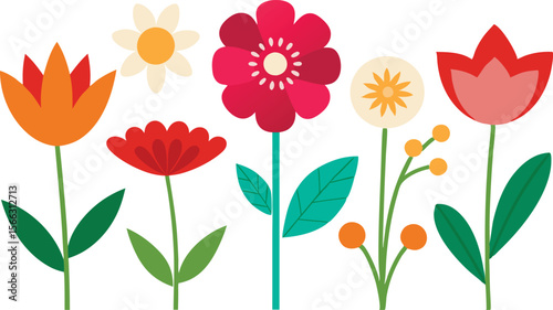 A cheerful and vibrant collection of stylized flowers in bright, bold colors.