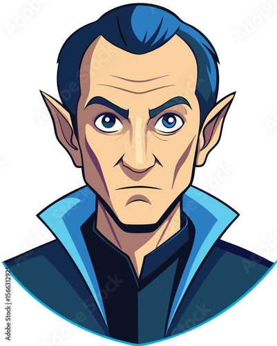 Close-up cartoon portrait of a man with elfin ears, a serious expression, and blue hair.