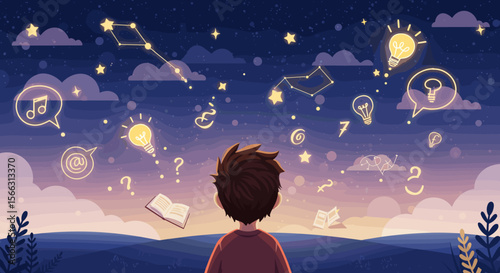Boy dreaming under starry night sky with creative ideas