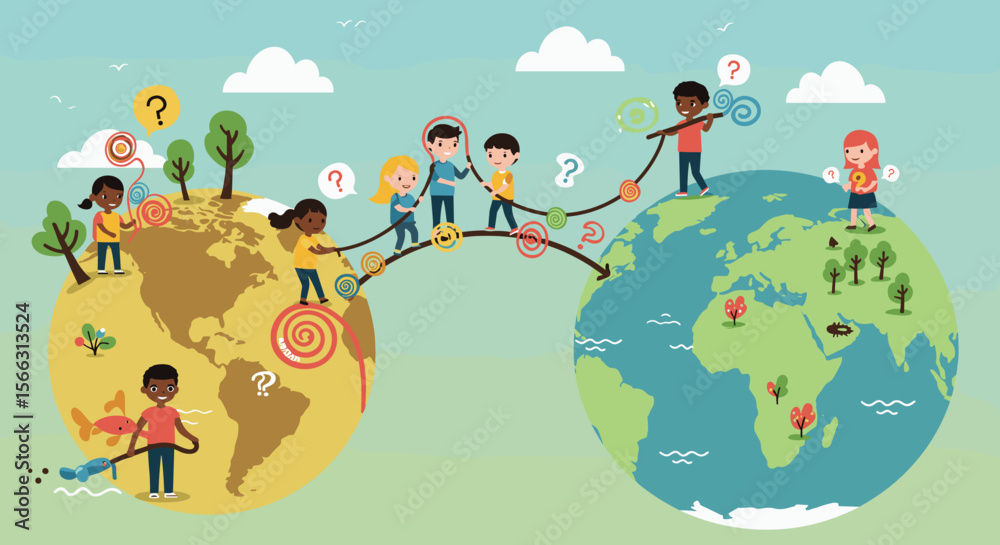Naklejka premium Children Connecting Worlds: Global Cooperation and Friendship
